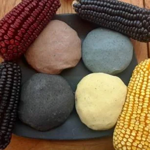 Boules de pâte de maïs de plusieurs couleurs et épis de maïs